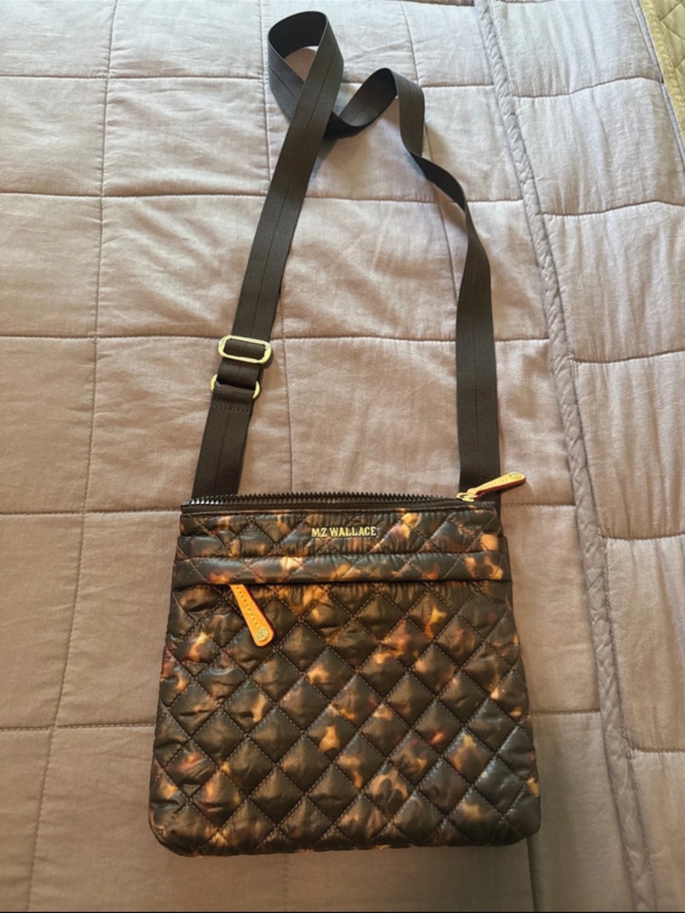 MZ Wallace  Quilted Metro Flat Crossbody Bag in Black and Brown Tortoiseshell